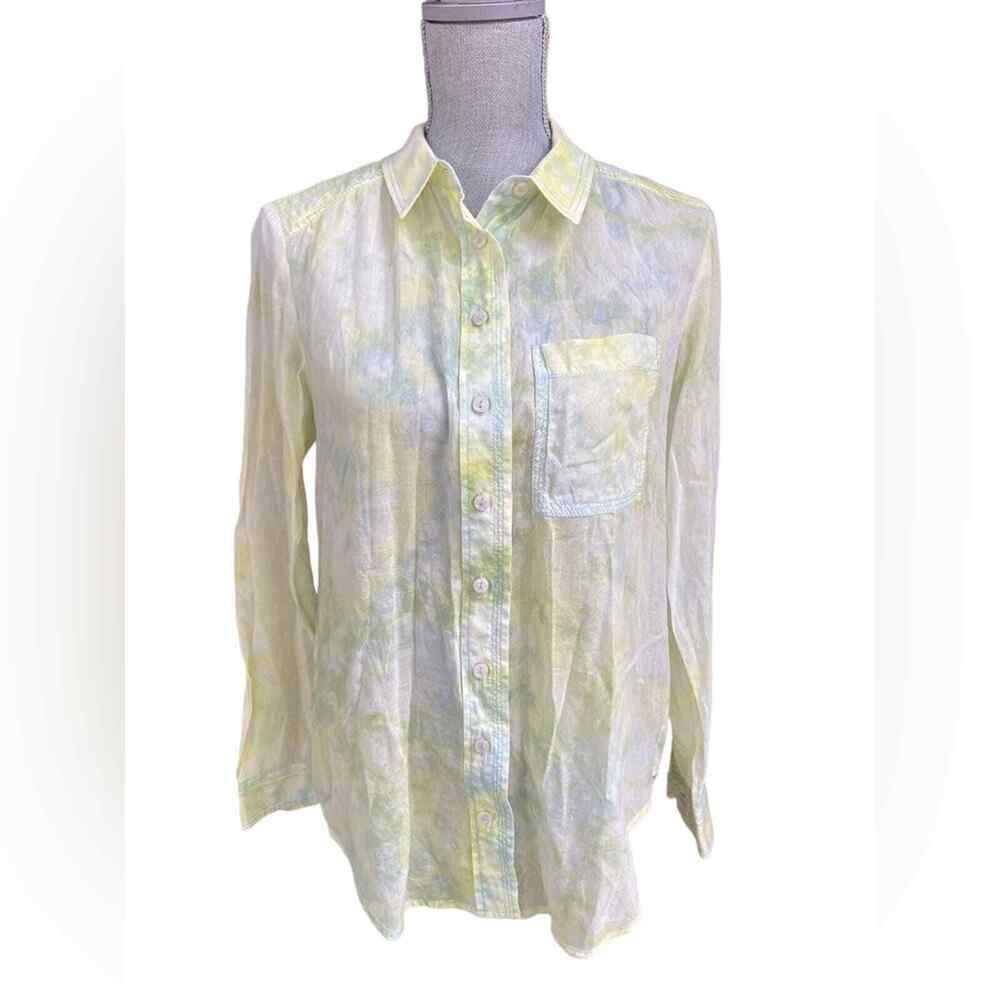 Anthropologie Pilcro Yellow Blue Tie Dye Button Down Cate Shirt woman’s sz small - Picture 2 of 7